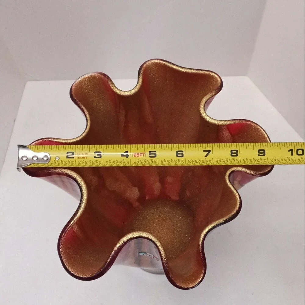 Murano like Italian Art Glass Vase Red & Gold Glossy Ruffled Rim Decorative